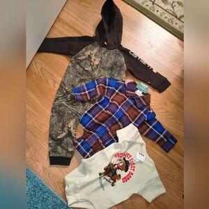 Carhartt 6-9 Mos. Kids 3-Piece Bundle - Camo Hoodie, Plaid Shirt & Graphic Tee